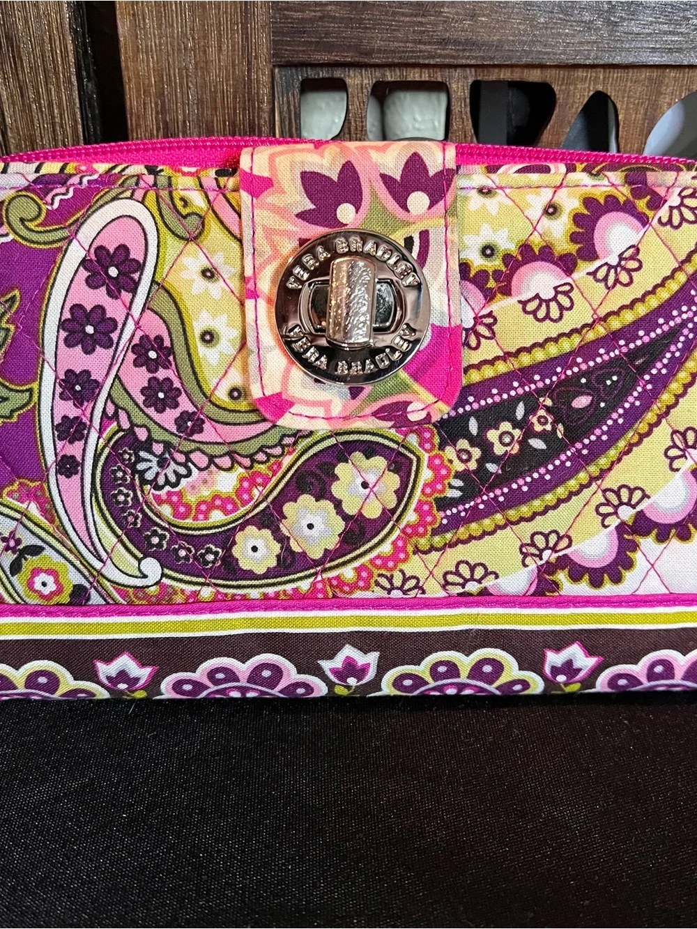 Vera Bradley Pink Purple Paisley Quilted Turn-Lock Wristlet